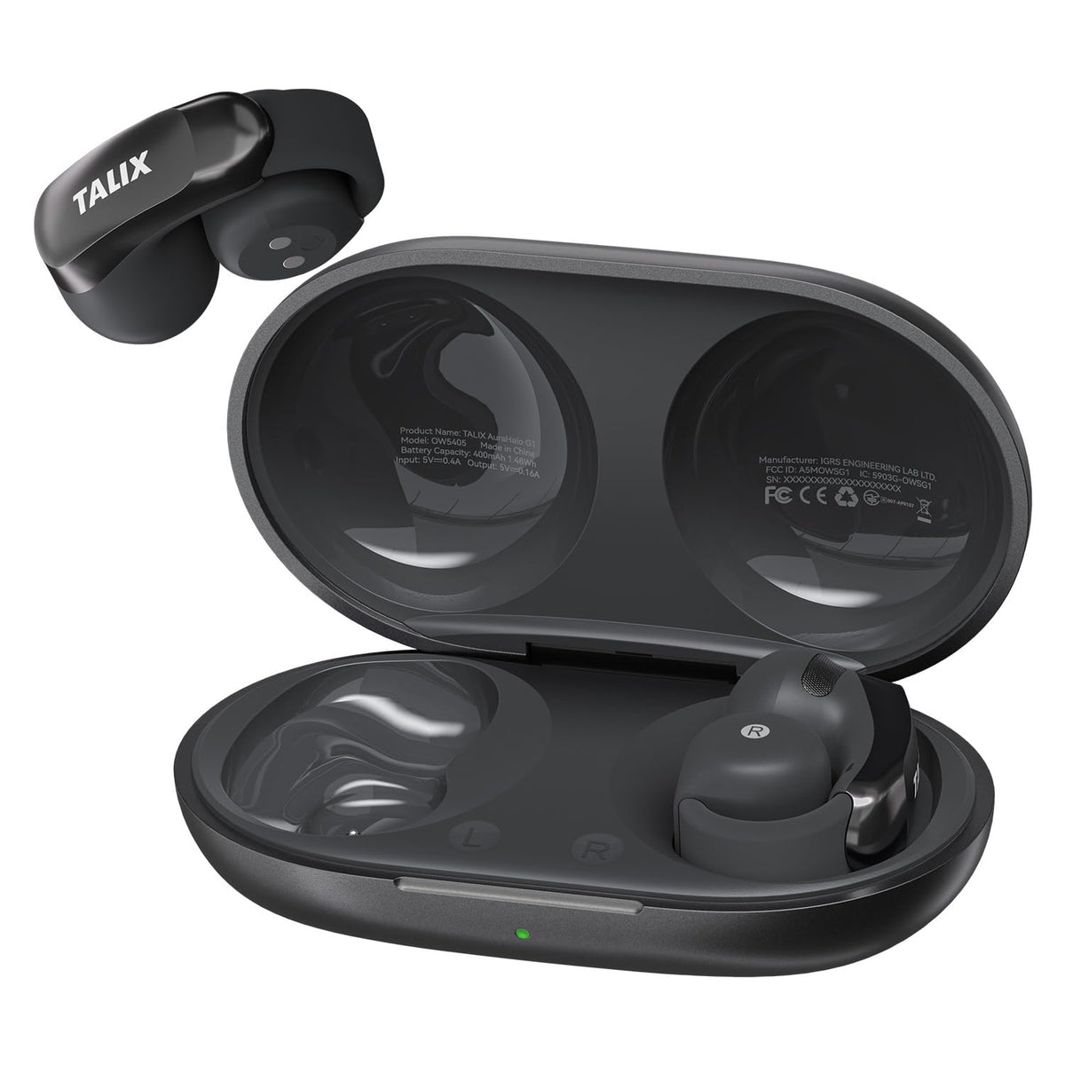 TALIX AuraHalo G1 front packaging showing earbuds and charging case, reassuring purchase quality