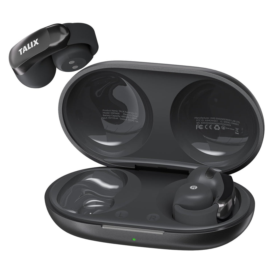 TALIX AuraHalo G1 front packaging showing earbuds and charging case, reassuring purchase quality