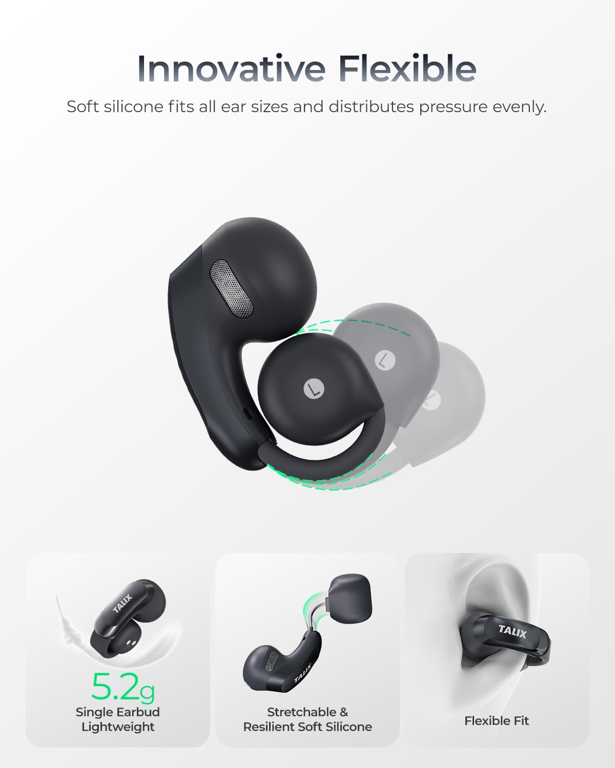TALIX clip-on earbud side profile showing ergonomic fit and secure hold for active use