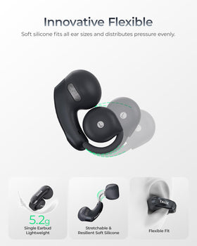 TALIX clip-on earbud side profile showing ergonomic fit and secure hold for active use