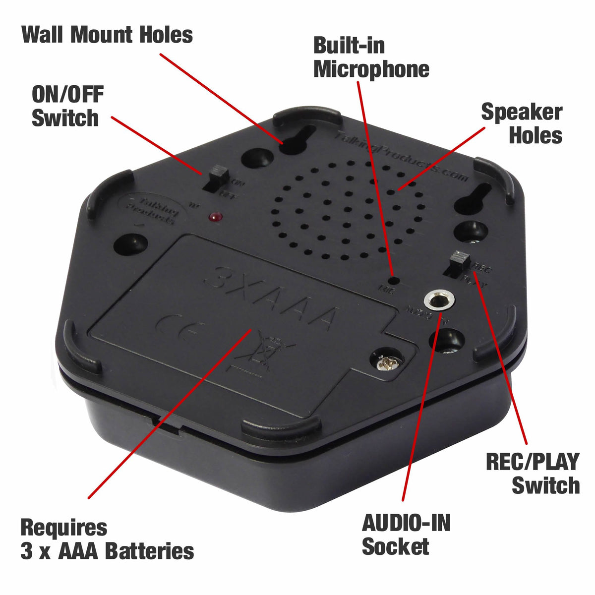 Talking Tile audio-in port lets recording from CD, PC, or phone.