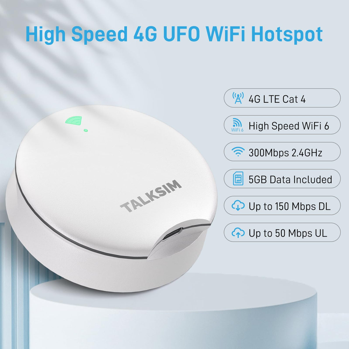 TALKSIM UFO back panel and label displaying network support and device specifications