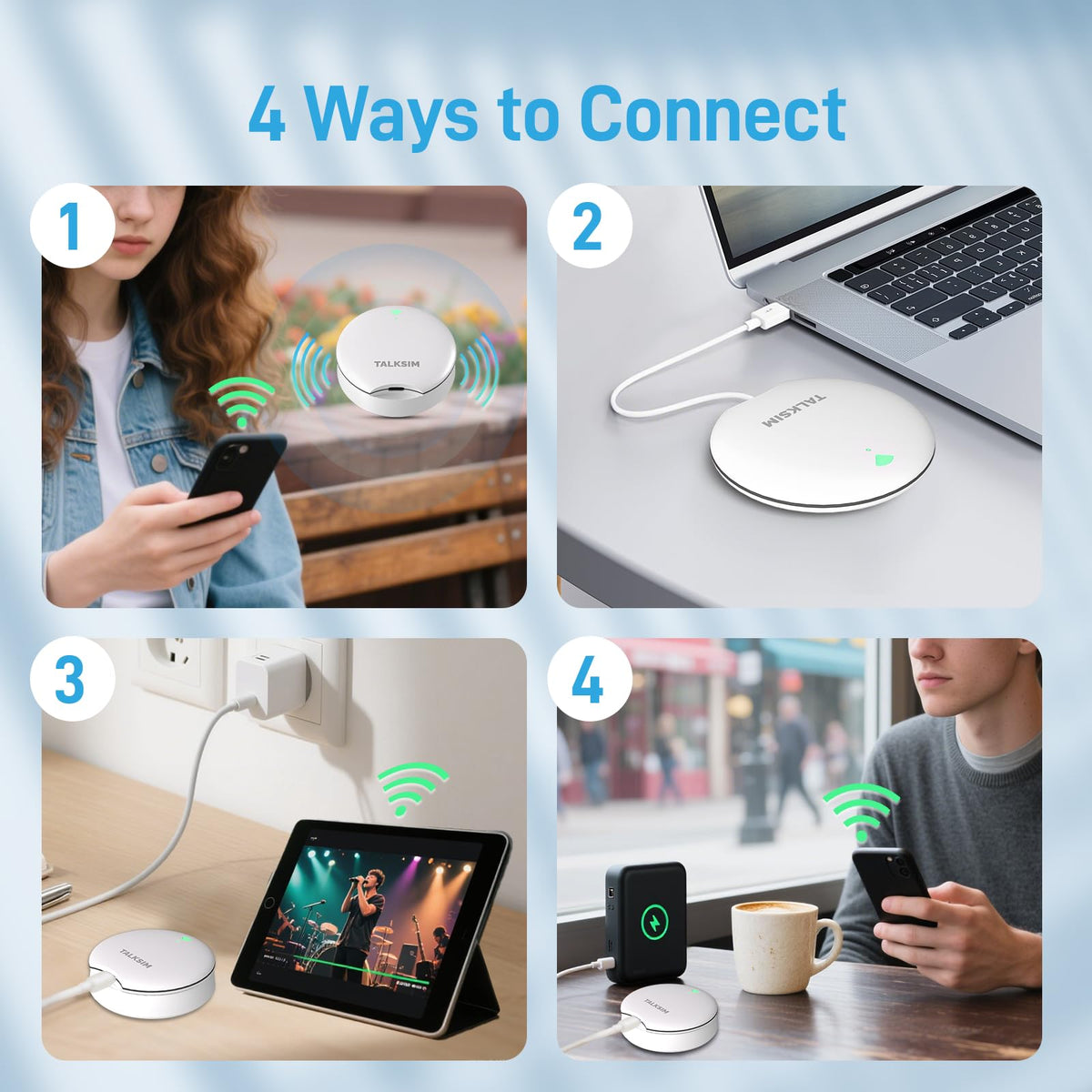 TALKSIM UFO charging from a power bank to provide continuous on‑the‑go internet