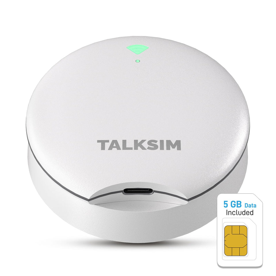 TALKSIM UFO front view showing compact hotspot and status lights for instant connectivity