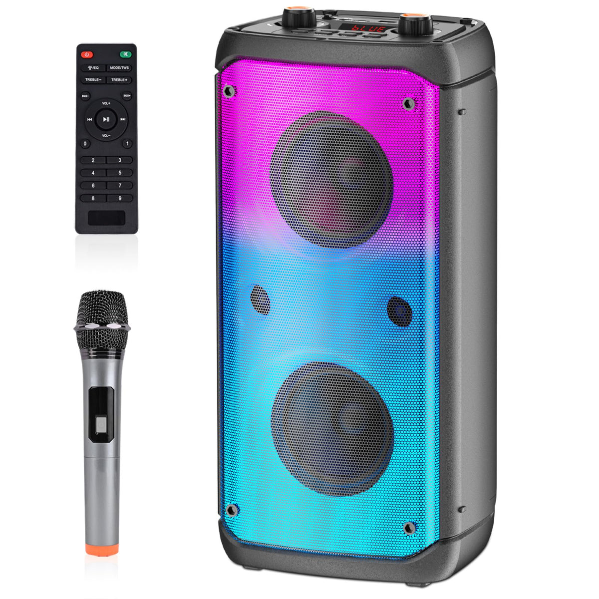 TAMPROAD 80W peak Bluetooth speaker shown in compact home/travel setup.