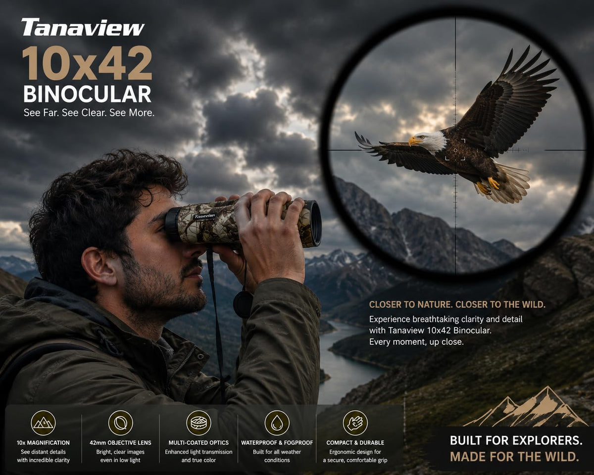 Tanaview binoculars with travel case for easy transport during trips.