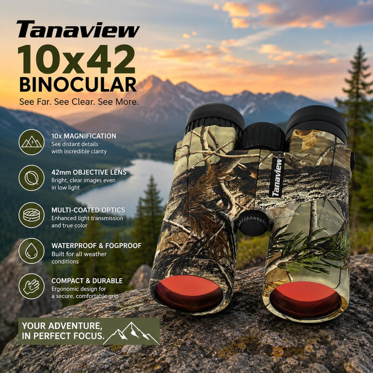 Tanaview binoculars are waterproof and fog-proof for outdoor reliability.