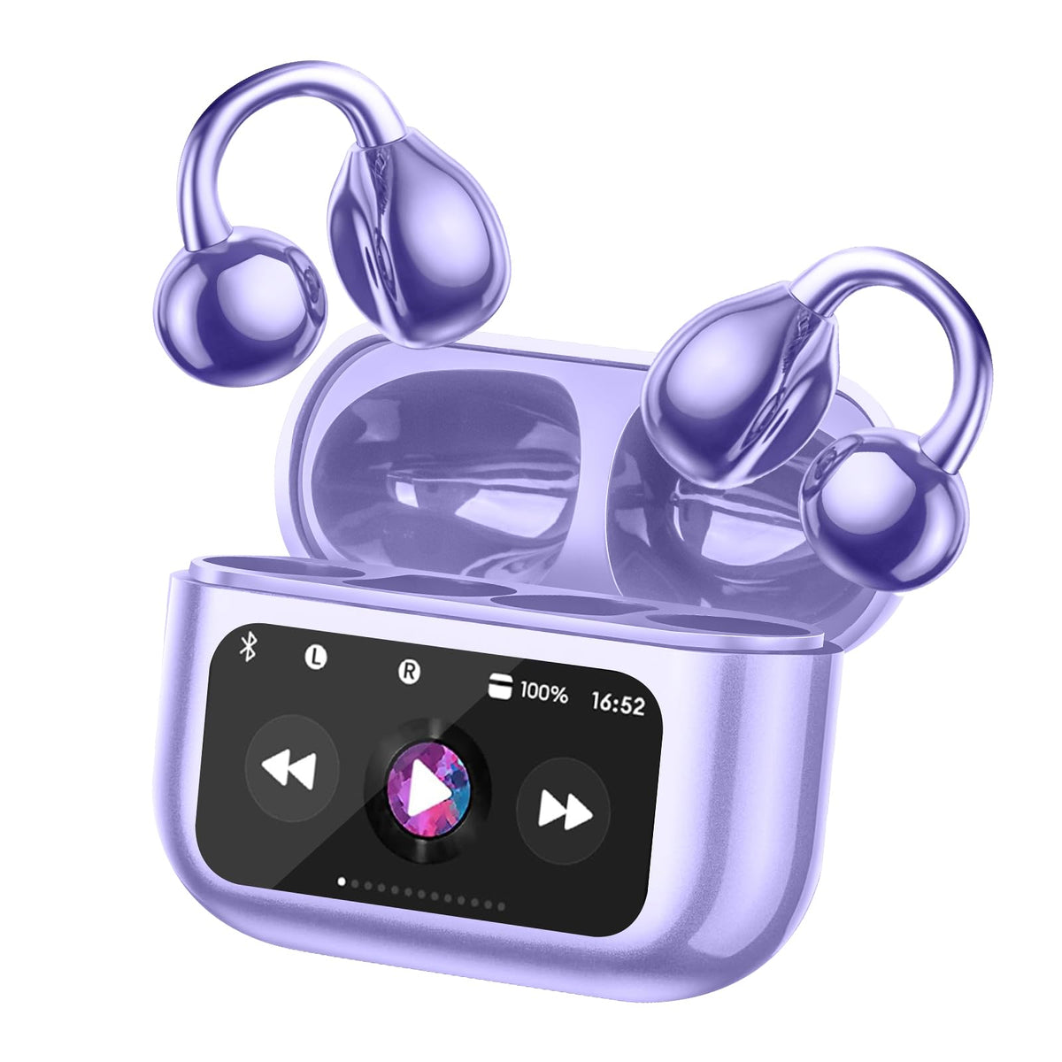TANFESO Ultra Open Ear Headphones with Bluetooth 5.4 and display for quick status checks.