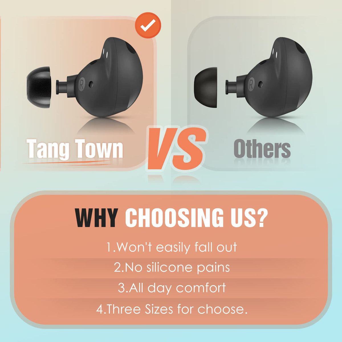 Tang Town anti-slip foam tips designed for secure wear during workouts.