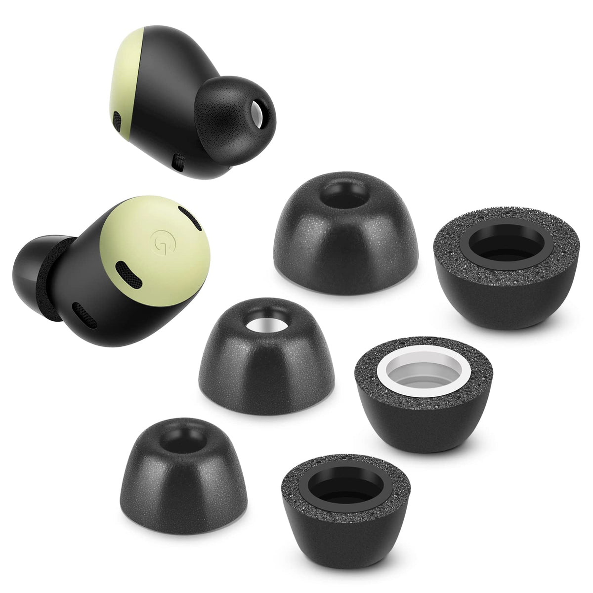 Tang Town memory foam tips for Pixel Buds Pro packaging demonstrate comfortable all-day wear.