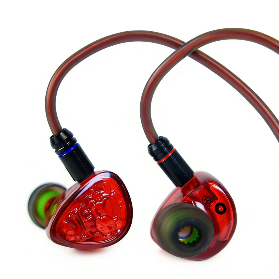 TANGZU Wan'er S.G II Red Lion IEM front view showing translucent ruby shell for bold listening