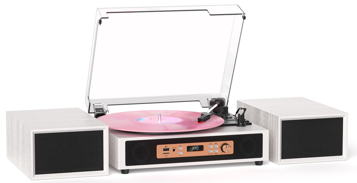 Tanlanin Bluetooth record player with white wood grain for wireless streaming