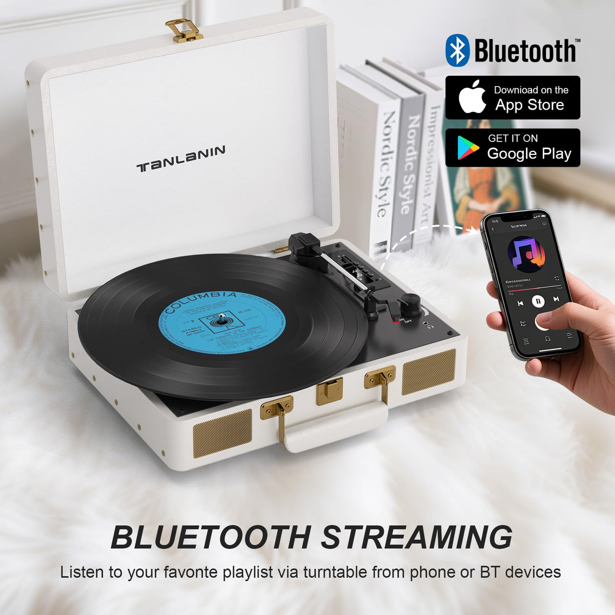 Tanlanin built-in speakers deliver warm vinyl sound without external gear.