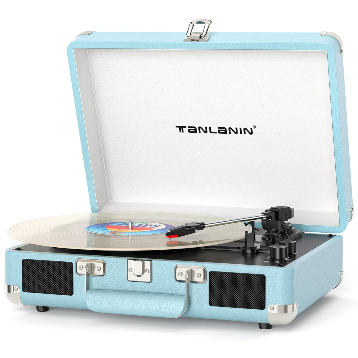 TANLANIN front‑facing blue suitcase turntable showing portable design and handle benefit