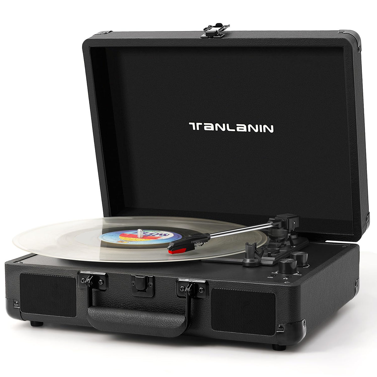 TANLANIN front view of closed suitcase turntable showing retro handle and portability benefit