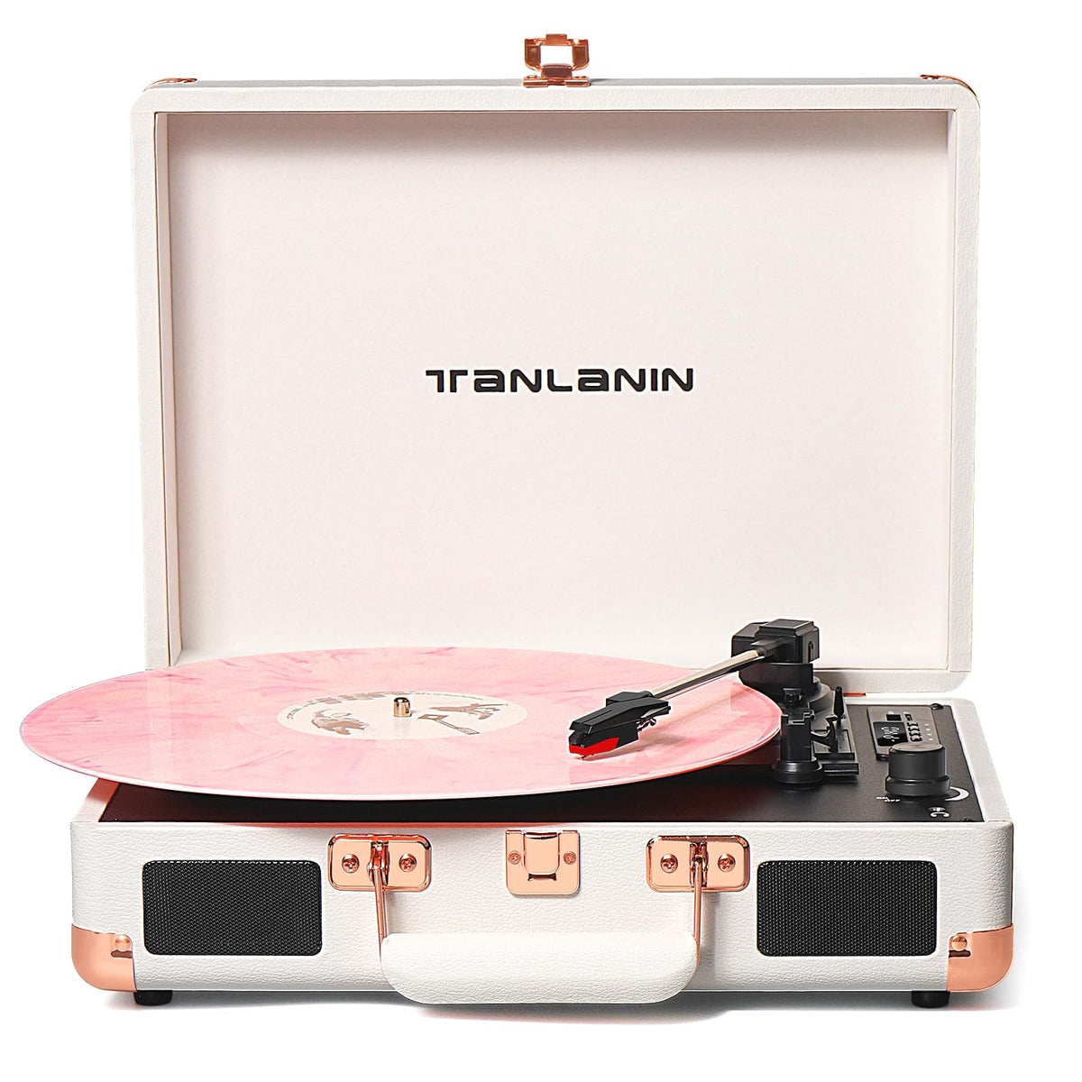 TANLANIN front view of white suitcase turntable showing vintage design and portability benefit