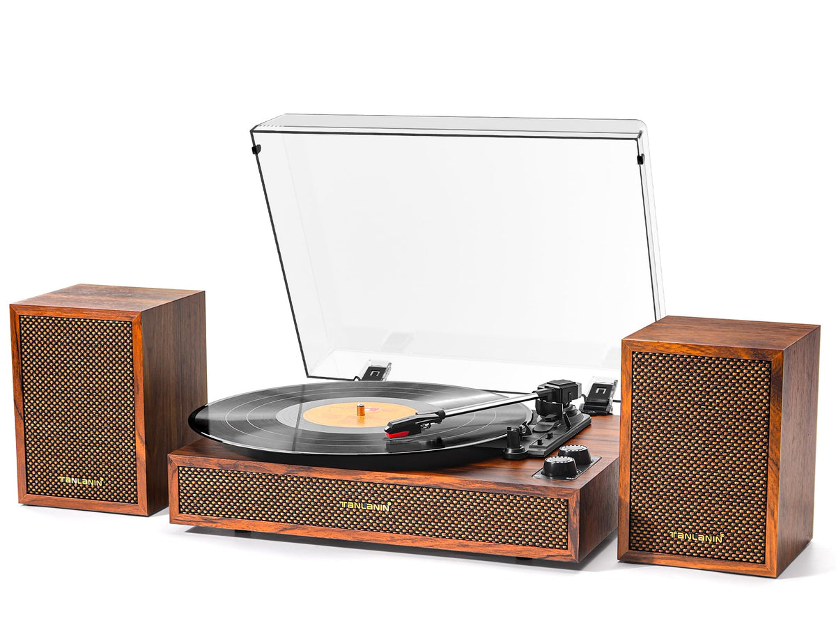 TANLANIN front view showing turntable and external speakers for clear stereo sound