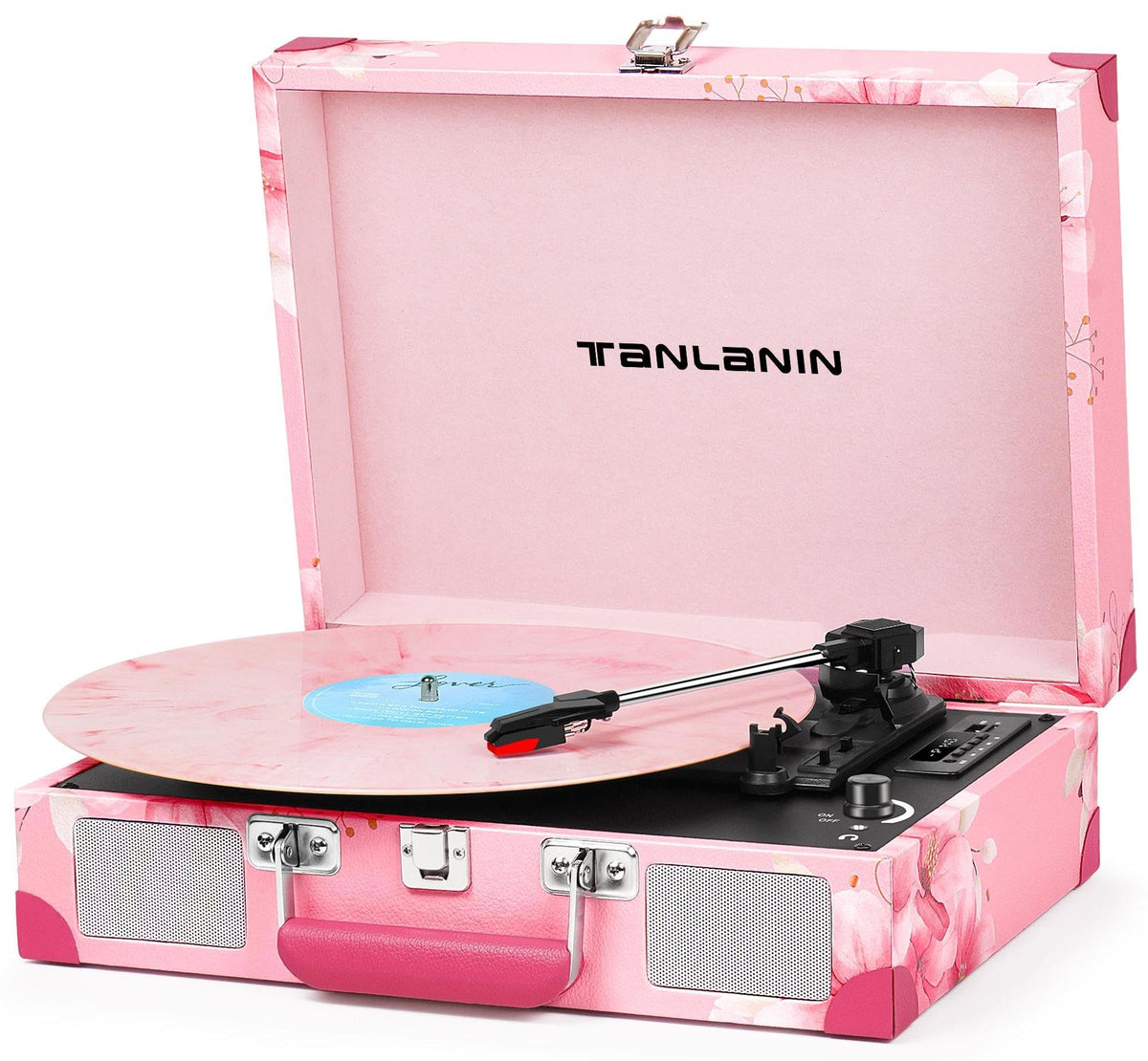 TANLANIN front view pink floral suitcase player shows vintage style and portability benefit