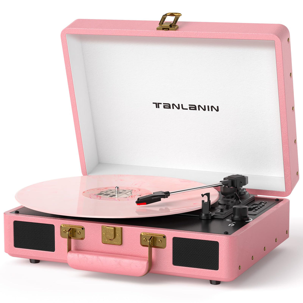 TANLANIN front view pink suitcase record player showing vintage styling and portability benefit