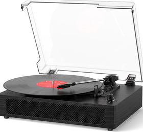 TANLANIN front view turntable showing controls and built-in speakers for easy playback