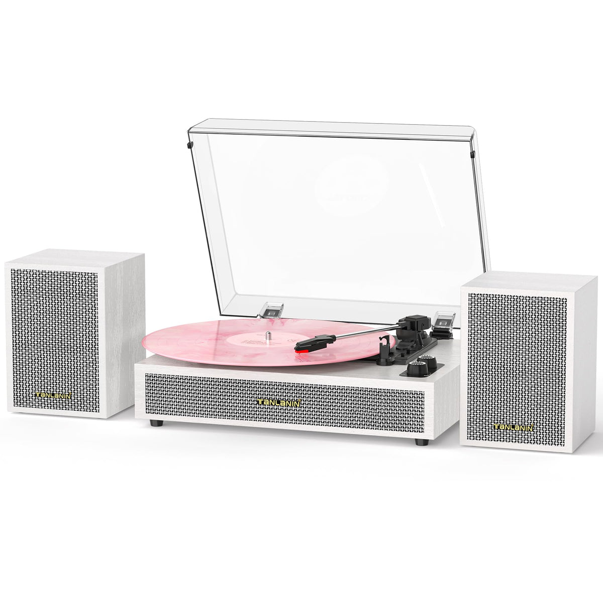 TANLANIN turntable front view showing white wood cabinet and speakers for stylish sound