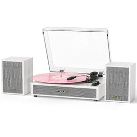 TANLANIN turntable front view showing white wood cabinet and speakers for stylish sound