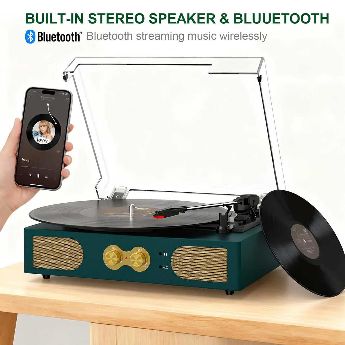 TANLANIN turntable with headphone jack for private listening.