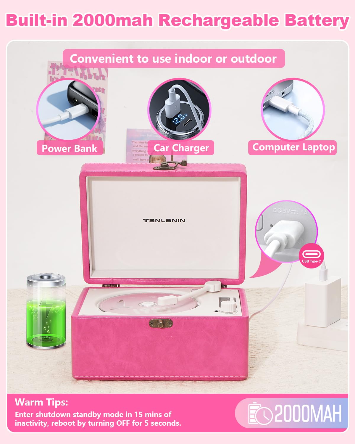 TANLANIN included accessories showing remote, charger, and manual for setup