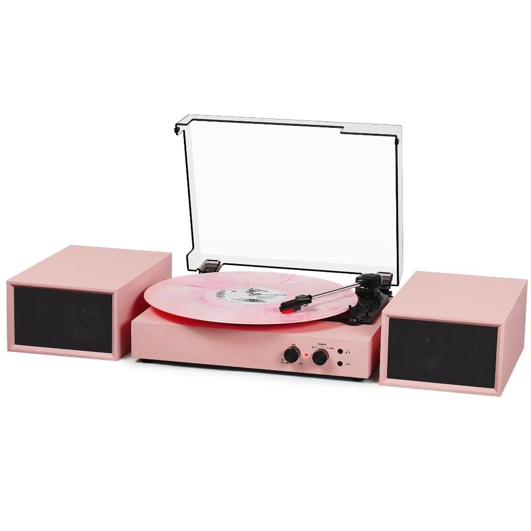 Tanlanin pink vinyl record player front view for a compact, stylish setup.