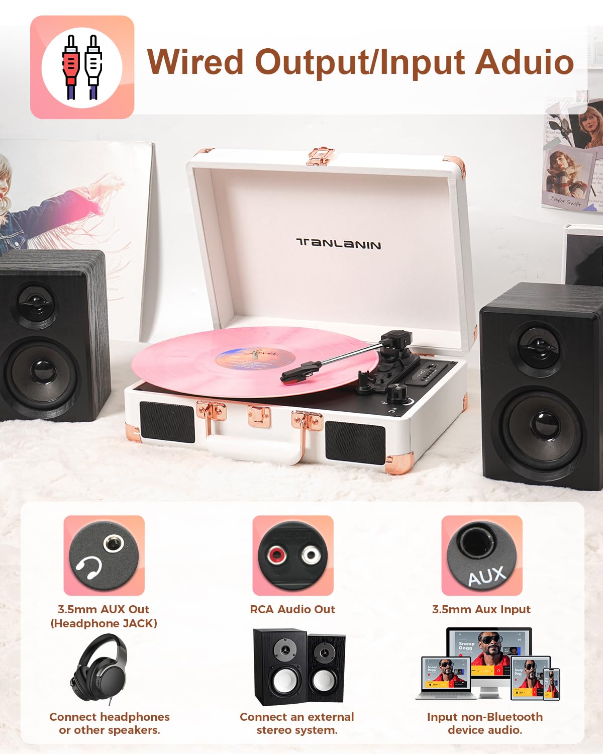 TANLANIN rear panel ports RCA AUX USB showing flexible connections and recording ability