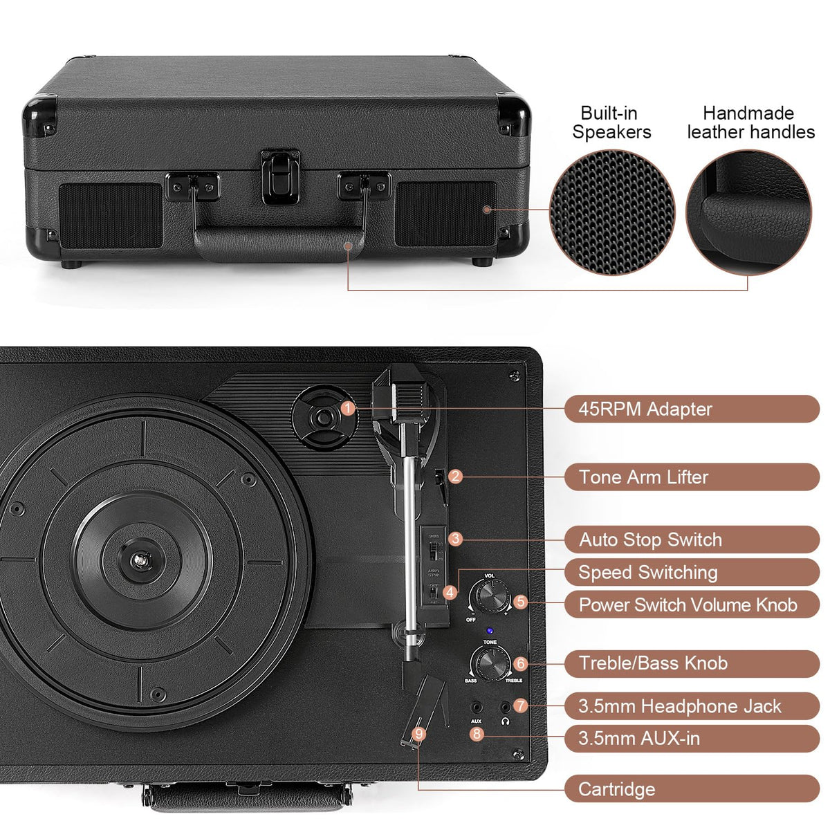 TANLANIN rear view of connection ports showing RCA, AUX and power for flexible hookups