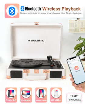 TANLANIN turntable shown beside a vinyl record for size and scale reference