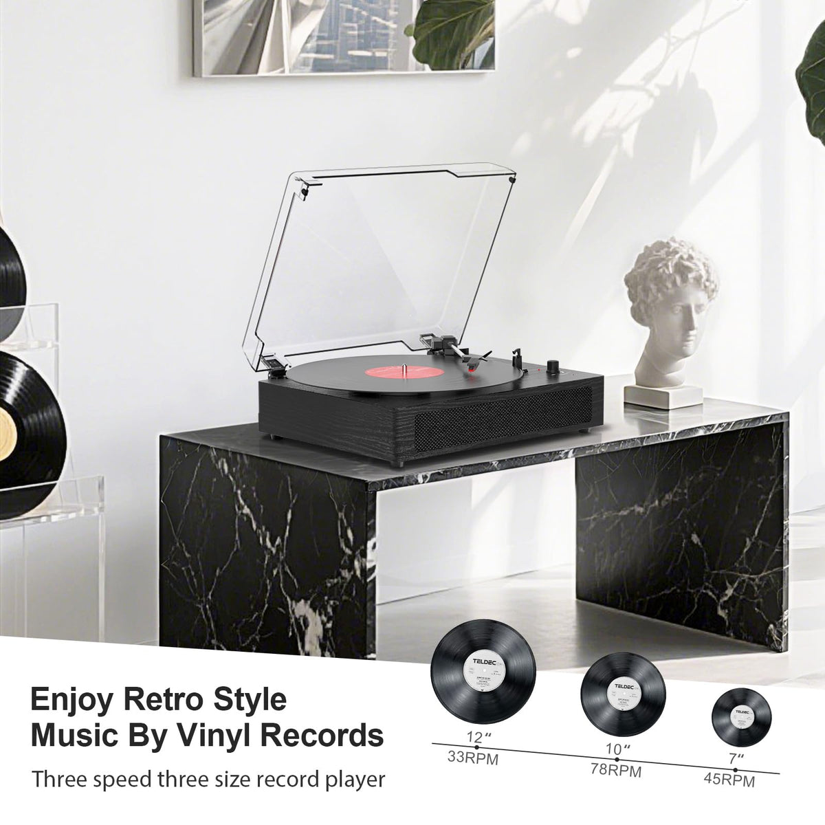 TANLANIN next to a vinyl record indicating compact scale for small spaces