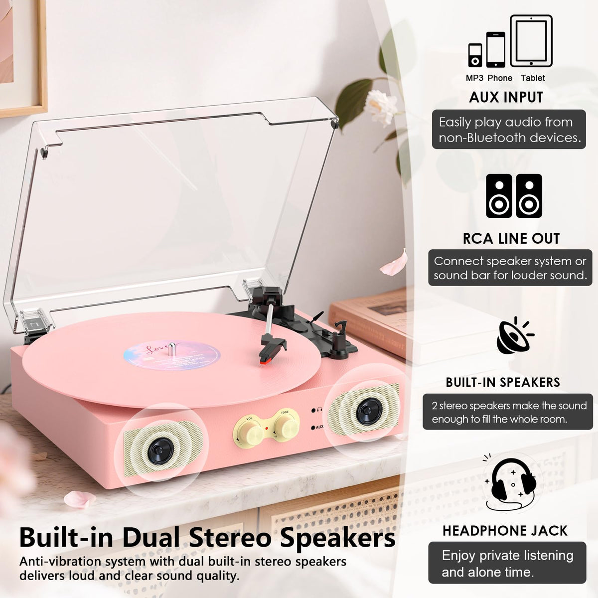TANLANIN built-in stereo speakers and control knobs offering quick tone adjustments