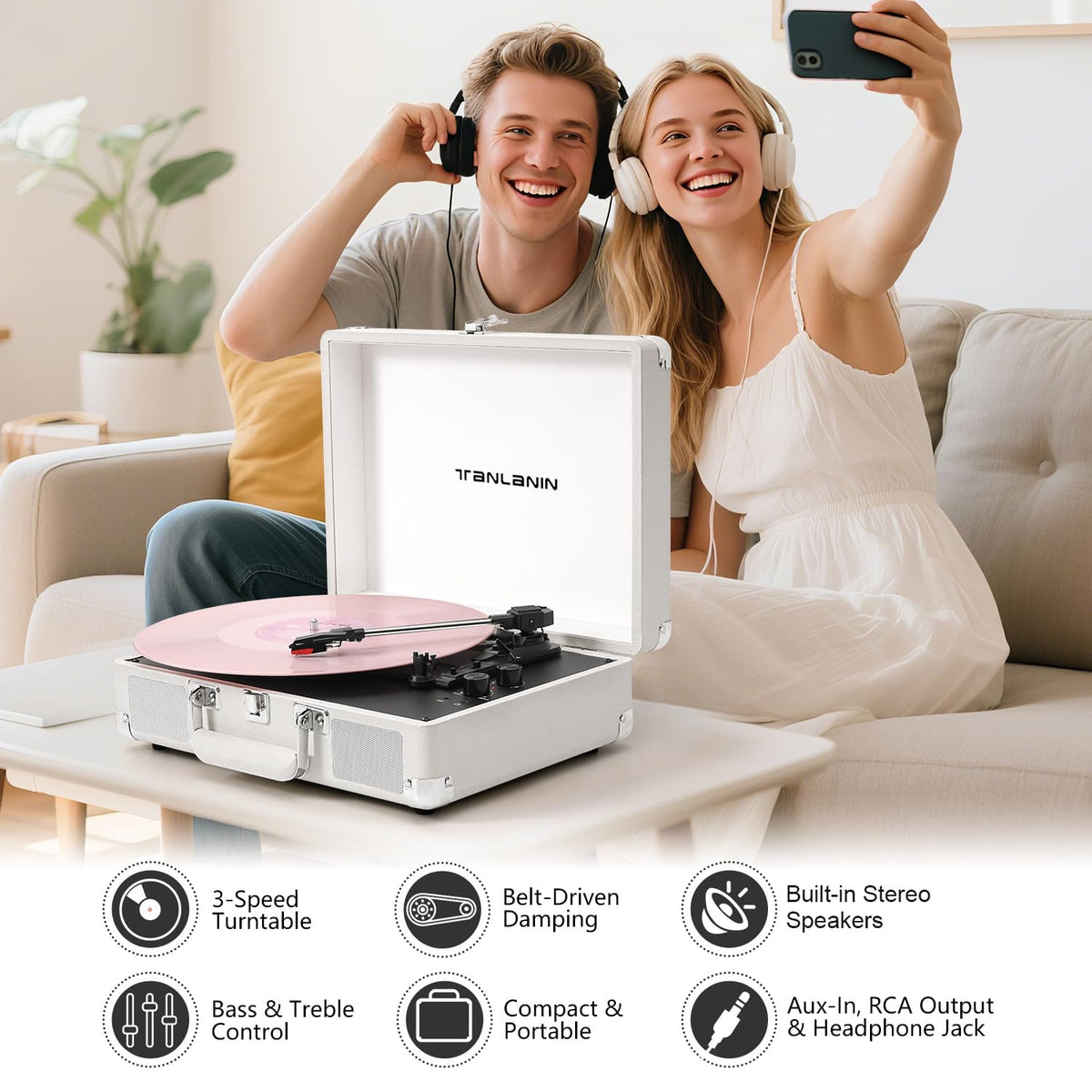 TANLANIN three-speed setup supports 7, 10, and 12-inch records.