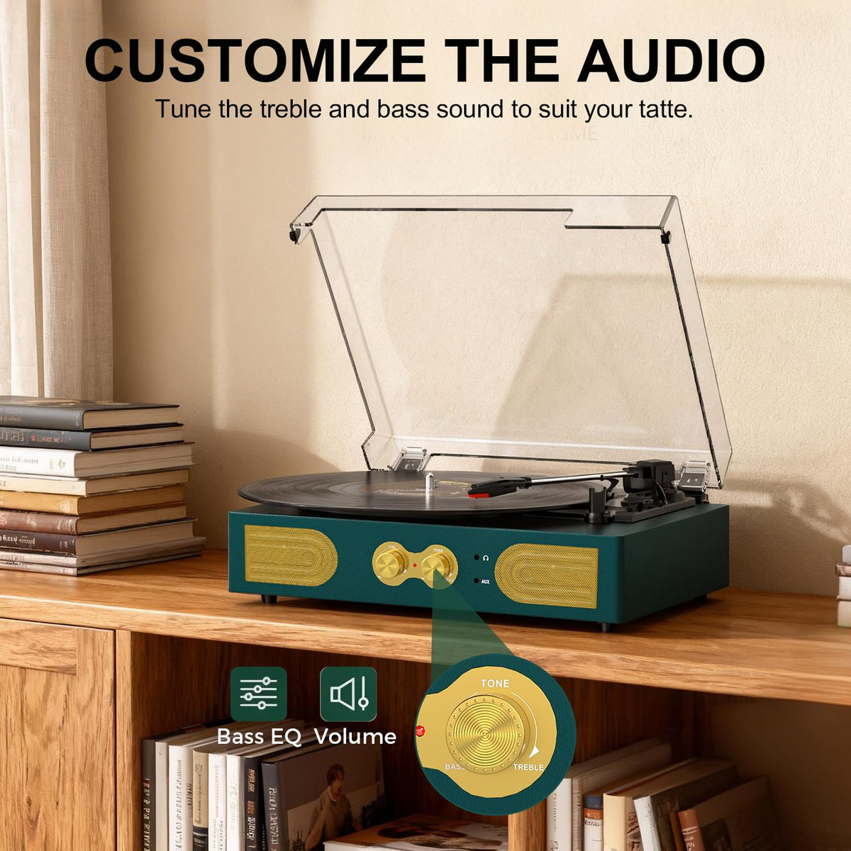 TANLANIN three-speed turntable supports 33, 45, and 78 RPM records.