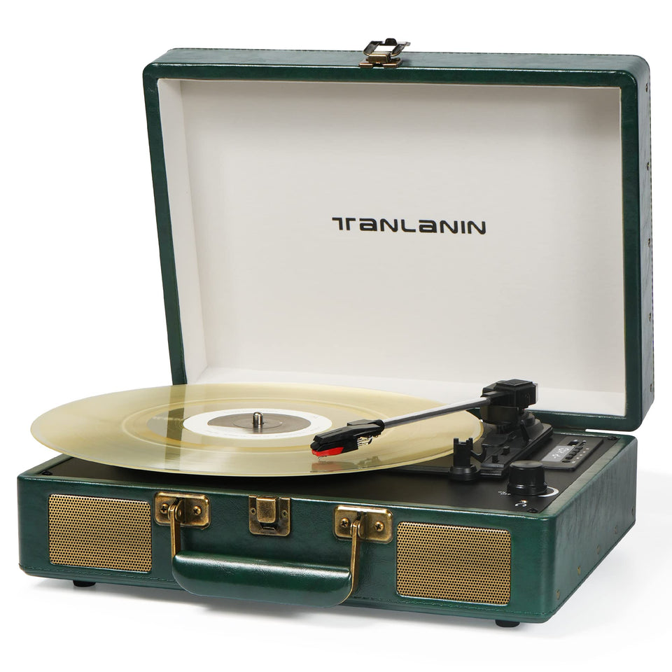 TANLANIN vintage 3-speed record player in green for portable vinyl listening.