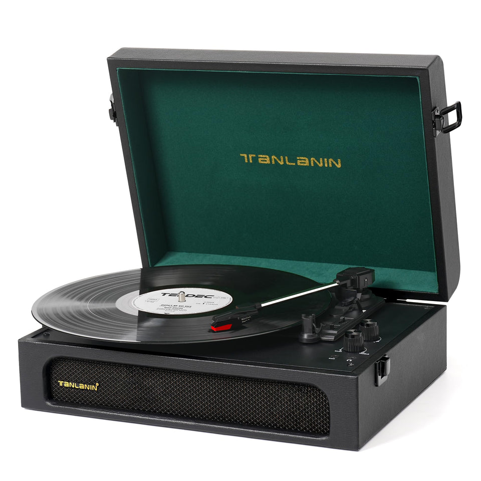 Tanlanin vinyl player with built-in speakers delivering clear room-filling sound.