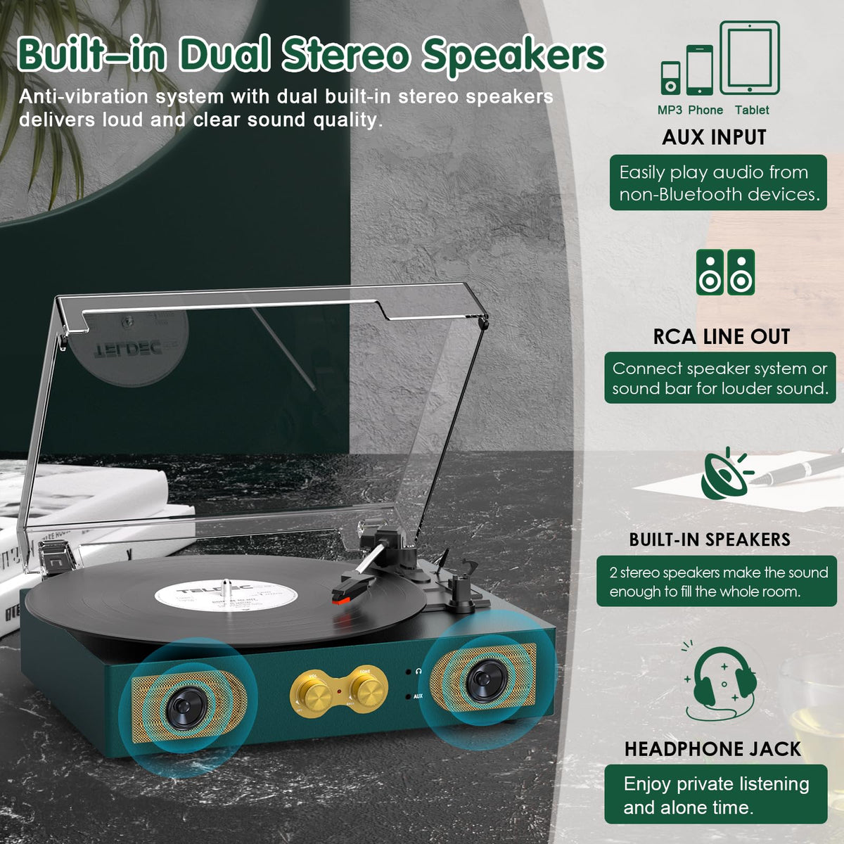 Tanlanin vinyl record player in green color side view adds vintage charm to space