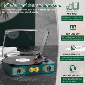 Tanlanin vinyl record player in green color side view adds vintage charm to space