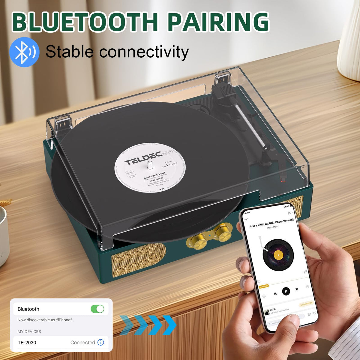 Tanlanin vinyl record player shows headphone jack and RCA outputs for flexible listening