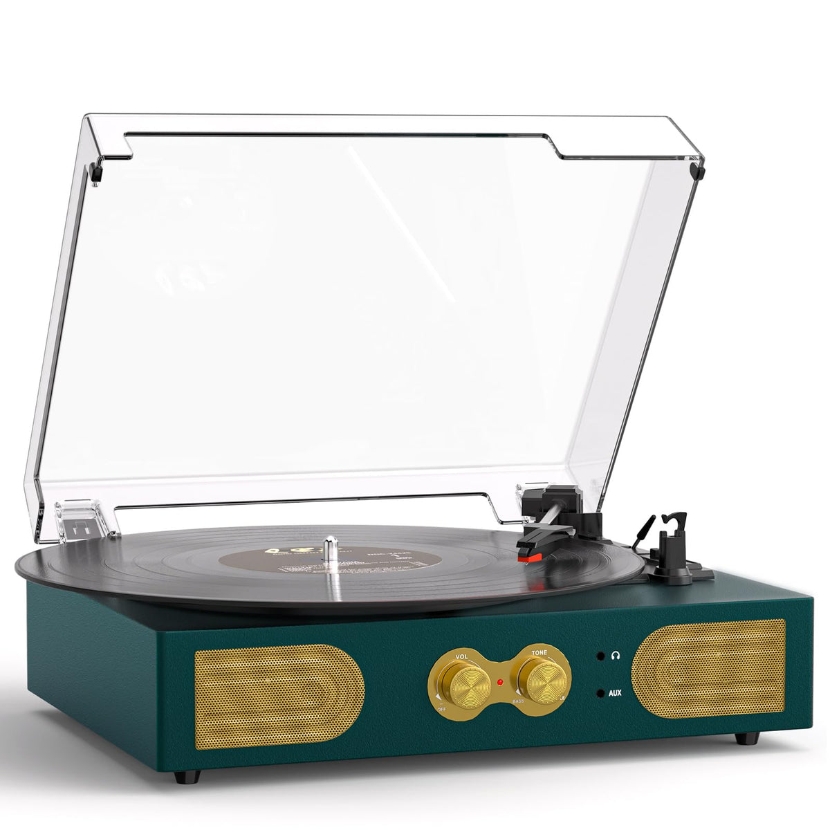 TANLANIN vinyl turntable with built-in speakers delivering rich, room-filling sound.
