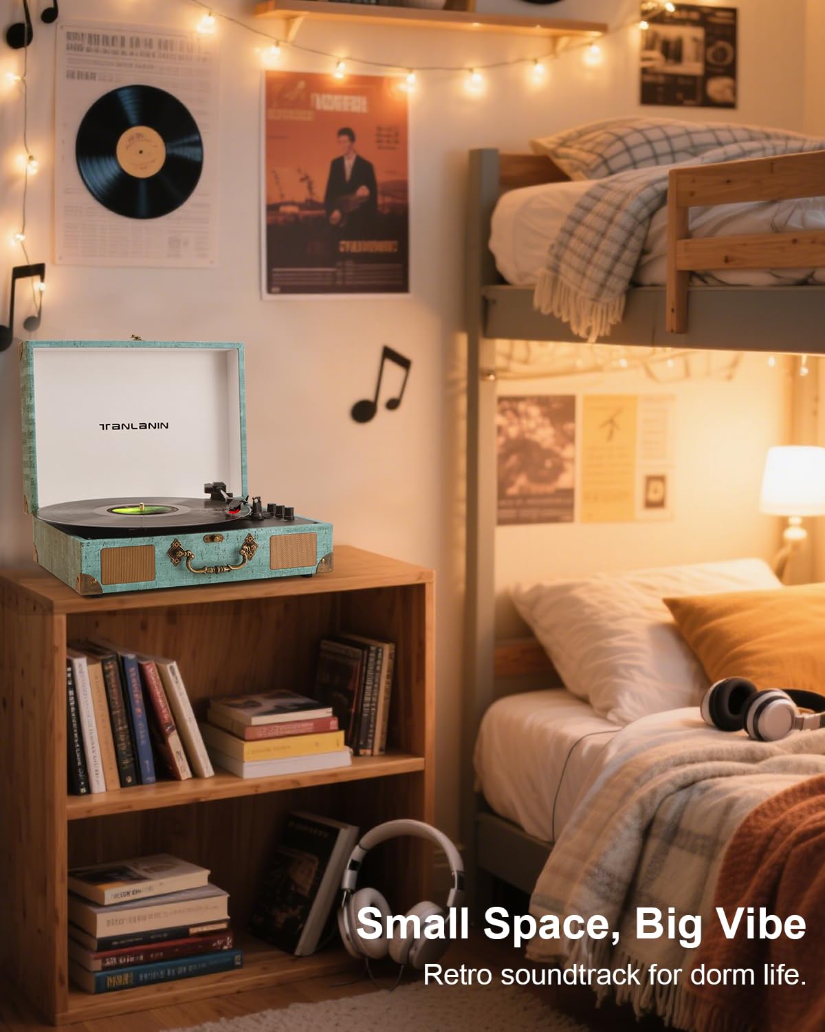 Tanlanin vinyl turntable portable for dorms and bedrooms, blending style with portability.