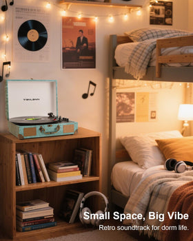 Tanlanin vinyl turntable portable for dorms and bedrooms, blending style with portability.
