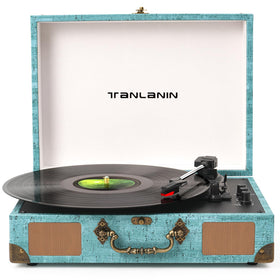 Tanlanin vinyl turntable turquoise suitcase design highlights portable elegance for any room.