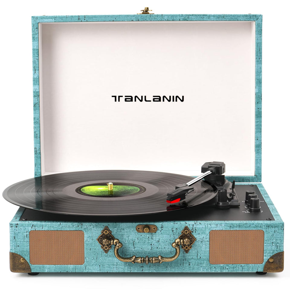 Tanlanin vinyl turntable turquoise suitcase design highlights portable elegance for any room.