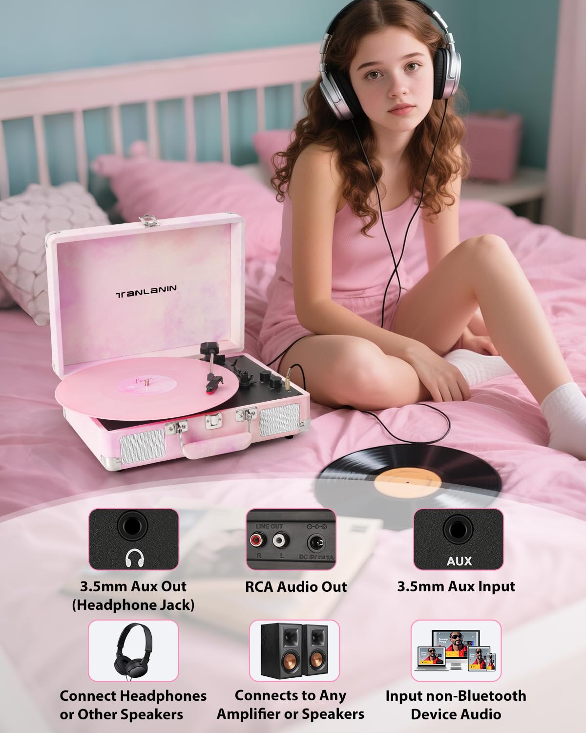 Tanlanin watercolor vinyl player featuring AUX and headphone jack for flexible listening.