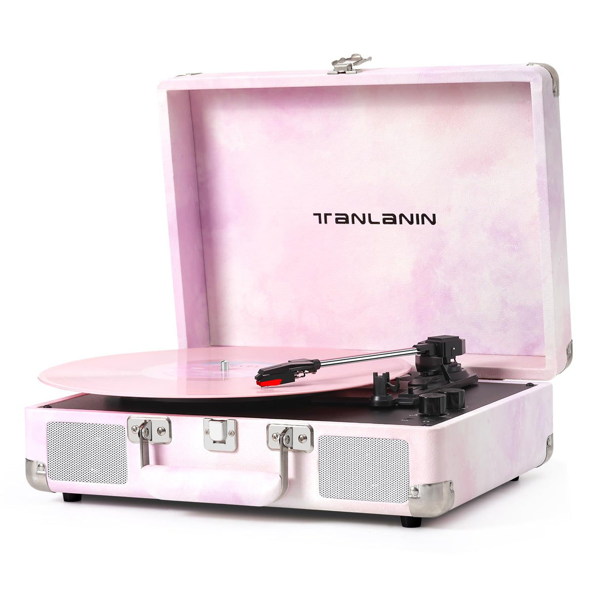 Tanlanin watercolor vinyl record player with treble and bass control for customizable sound.
