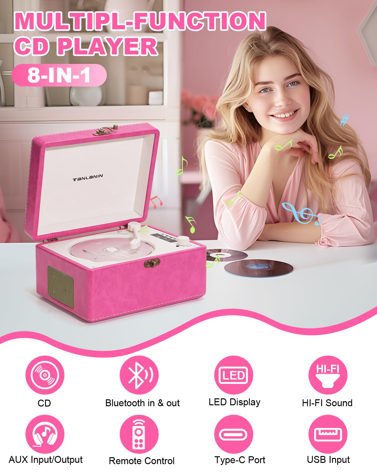 TANLANIN with CD open top view demonstrating CD playback convenience
