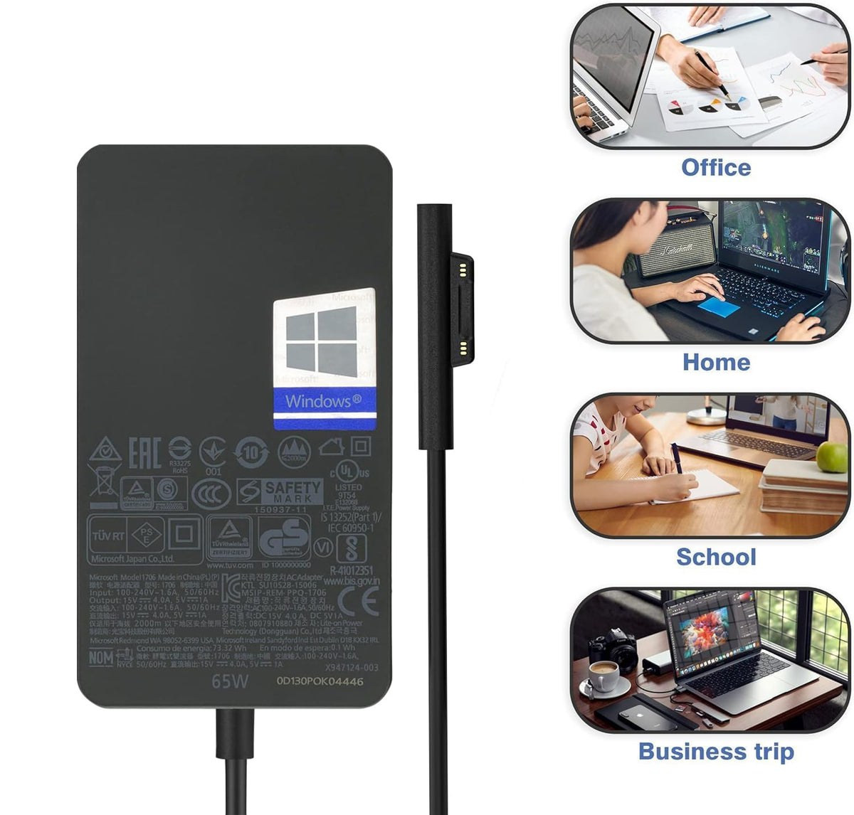 Tanmuct 65W Surface Pro Charger in travel bag ready for work or study